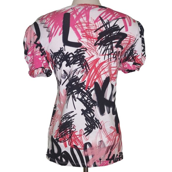 Karl Lagerfeld Paris Women's XS Graphic Puff Sleeve T-Shirt Red & Black Scribble - Picture 2 of 10